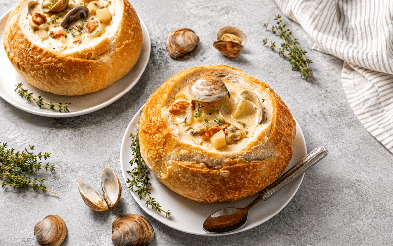 California Clam chowder in a sourdough bread bowl